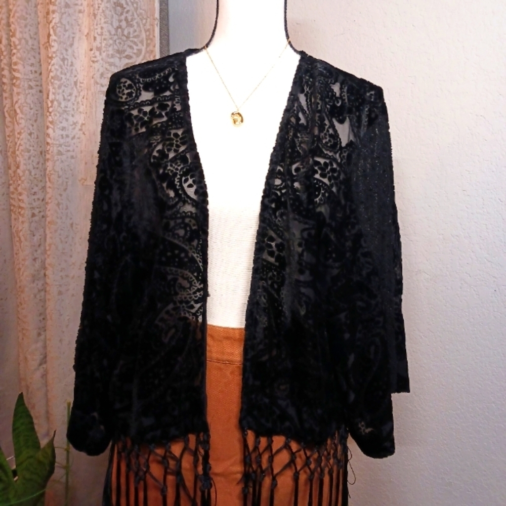Miss Me Velvet Burnout Paisley Fringe Kimono Black Sheer Boho Y2K Size